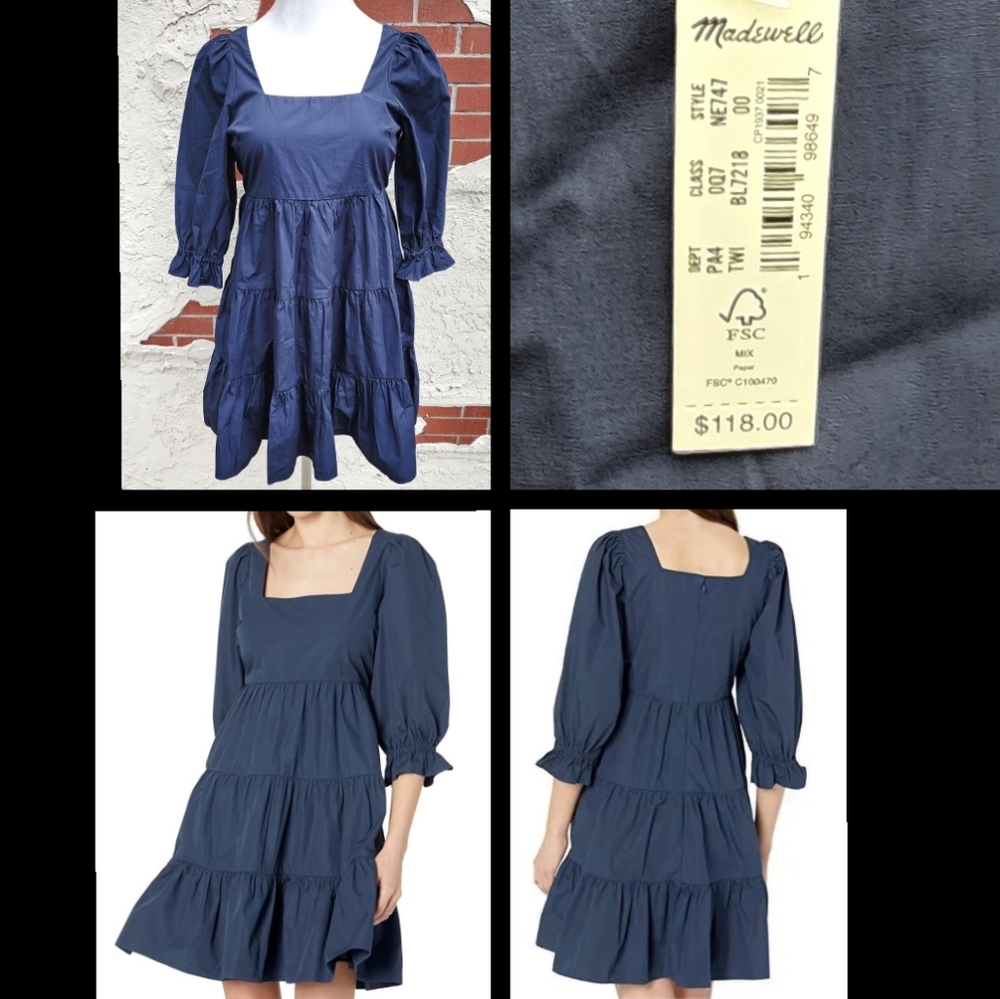 $118 New 00 MADEWELL Poplin Lizzie Babydoll Tiered Square Neck Dress